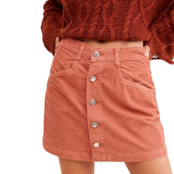 Free People Ray Corduroy Mini Skirt NWT Button Front Rust Orange/Brown Sz 4 C173 - Picture 2 of 11